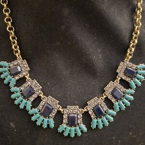 Designer Marked J.CREW Navy & Green Statment Necklace Gray Rhinestone